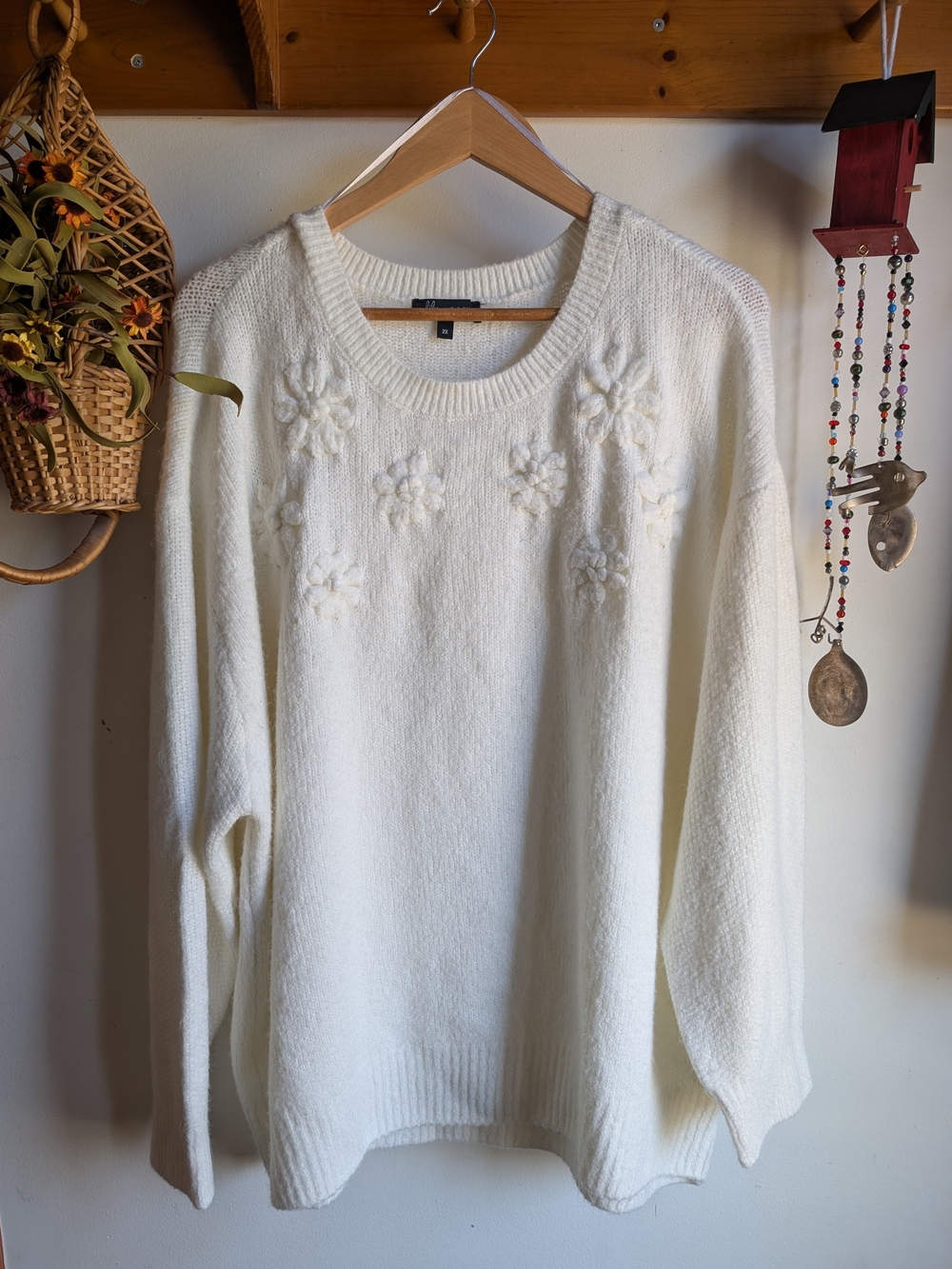 Oversized Cozy Floral Knit Sweater - White Cottagecore Fall Layering Size 2X